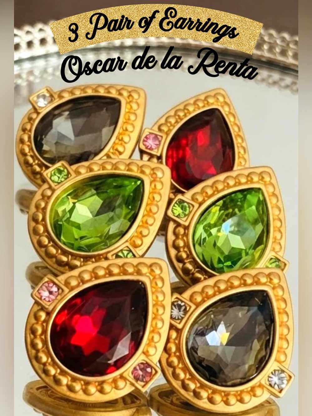 Oscar de la Renta 3 Pc EARRING BUNDLE GOLD Finish✨SIGNED CRYSTAL✨SPECIAL OFFER✨